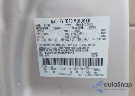 2009 Mercury Mariner Hybrid z USA, uszkodzony, nr VIN 4M2CU39359KJ19965